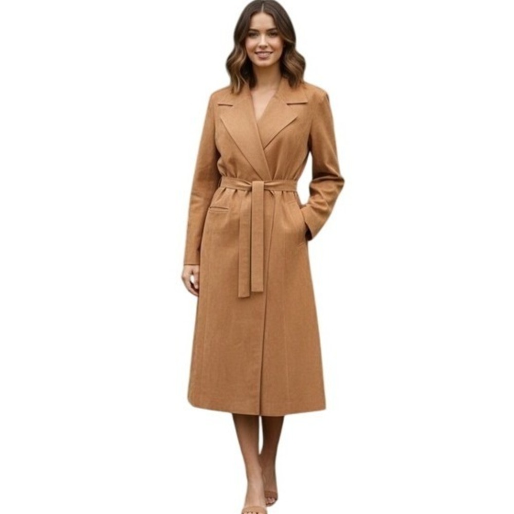 ROTH LE COVER Women Vintage Ultra Suede Belted‎ Caramel Cognac Trench Coat Small